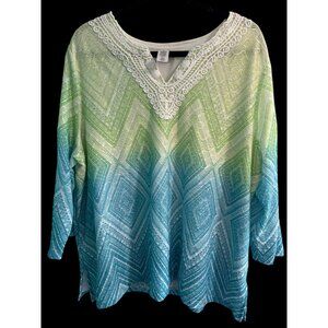 Alfred Dunner Womens 2X Ombre Chevron Lace Trim Tunic Top 3/4 Sleeve Green & Blu